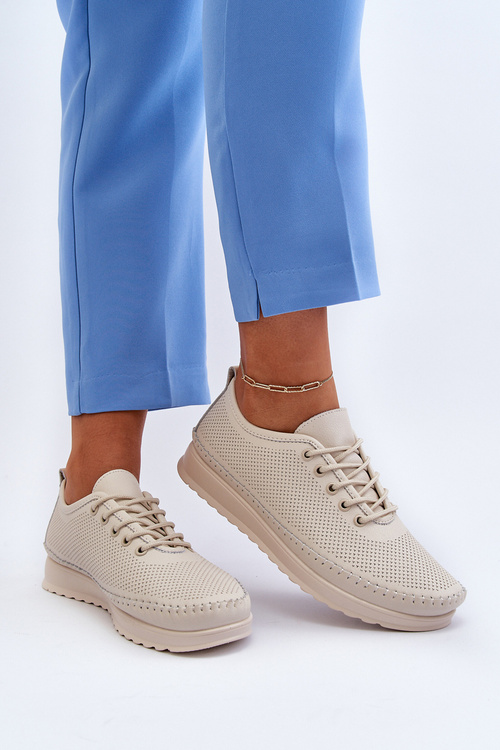 Skórzane Sportowe Buty Trampki Damskie Beżowe Lalnai