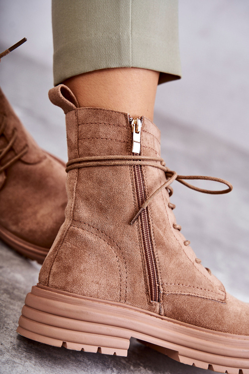 Damskie Zamszowe Botki Wiązane Camel Afra