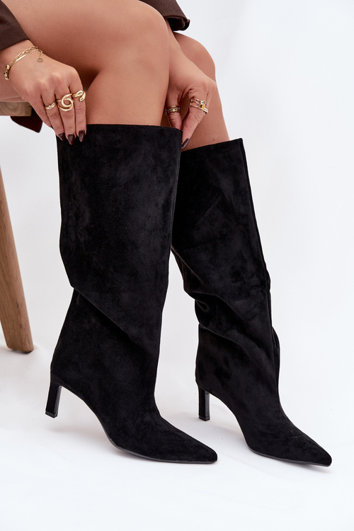 Kozaki Damskie Z Eko Zamszu Wsuwane Na Szpilce Czarne Phelin