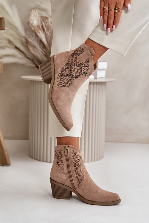 Ażurowe Botki Kowbojki Na Zamek Eko Zamszowe Beżowe S.Barski HY42-944