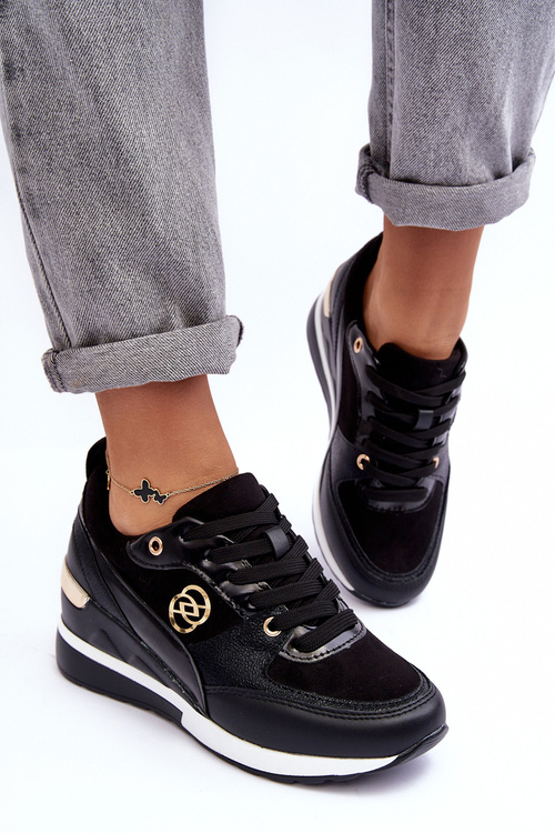 Damskie Sznurowane Buty Sportowe Na Koturnie Czarne Genova