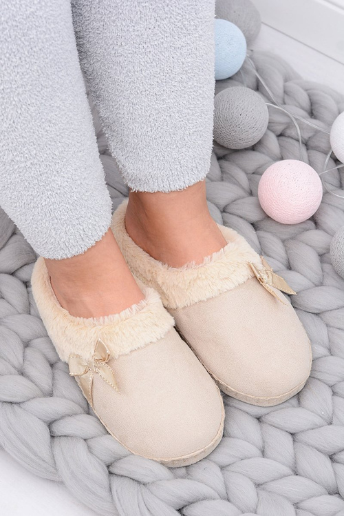 Klapki Damskie Z Futerkiem I Kokardką SOXO Beżowe