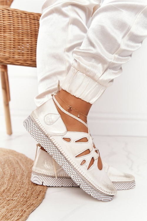 Damskie Skórzane Półbuty Maciejka Beżowo-Złote 04449-25