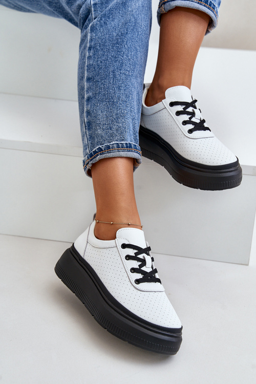 Buty Sportowe Damskie Na Platformie Skóra Naturalna Białe 41470 Vinceza