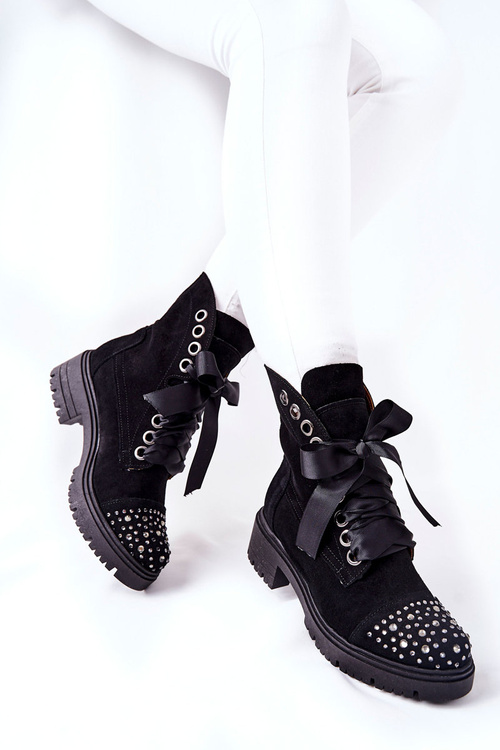 Zamszowe Botki Workery Lewski Shoes Wiązane 3069 Czarne