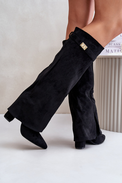 Kozaki Na Słupku Z Wywiniętą Cholewką Ocieplane Czarne Urelli