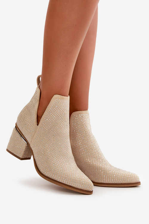 Zdobione Botki Damskie Na Obcasie Z Noskami W Szpic Beżowe Fararia