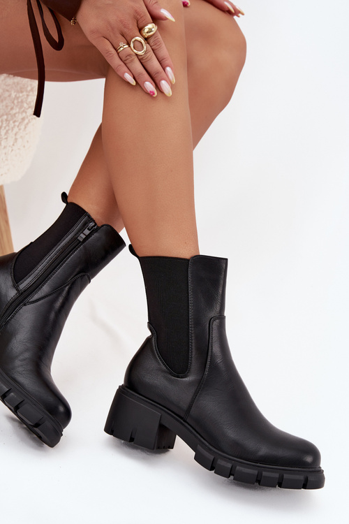 Botki Damskie Na Klocku Eko Skórzane Czarne Kyra