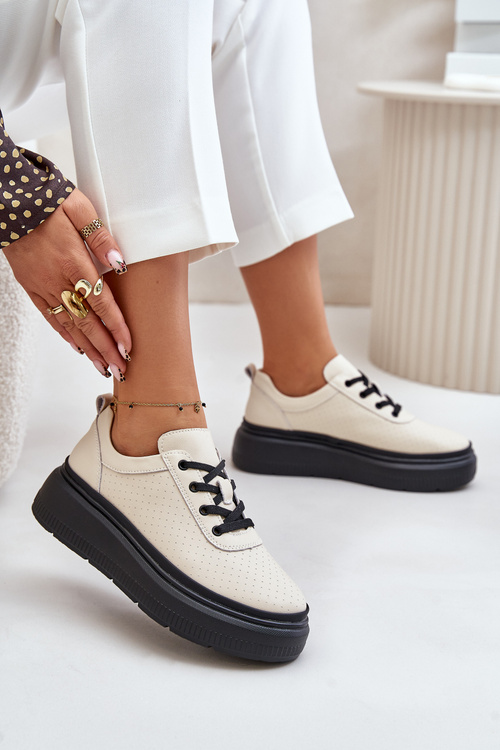 Buty Sportowe Damskie Na Platformie Skóra Naturalna Beżowe 41470 Vinceza