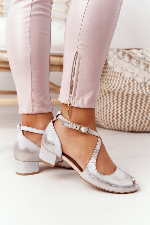 Skórzane Sandały Na Obcasie Maciejka 04509-45 Beżowo-Złote