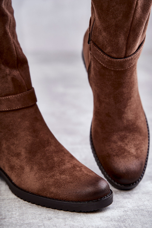 Zamszowe Damskie Kozaki Na Płaskim Obcasie Brązowe Henrike