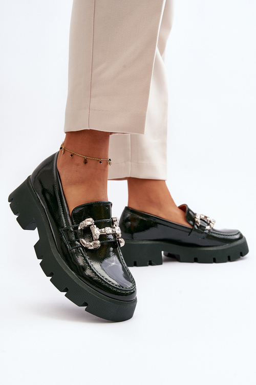 Damskie Lakierowane Mokasyny Z Ozdobą Ciemnozielone Arsaba