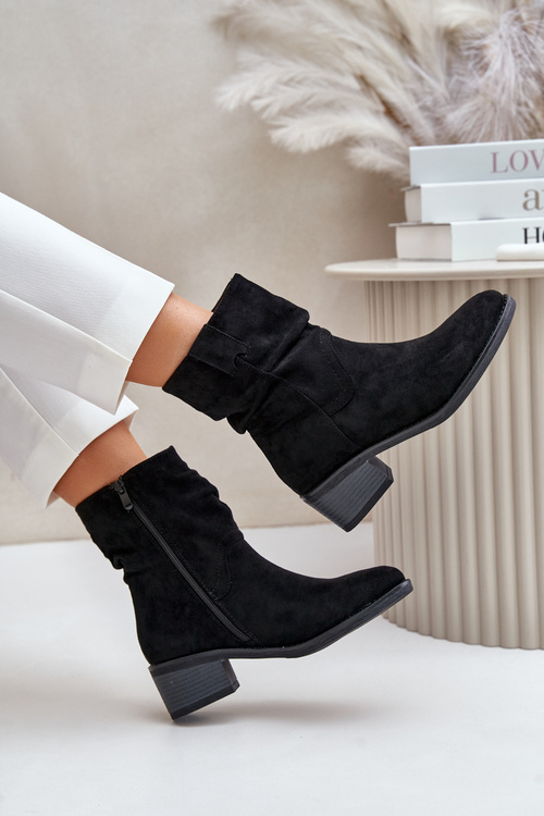 Ocieplane Botki Damskie Z Marszczoną Cholewką Na Niskim Obcasie Czarne Zinanya