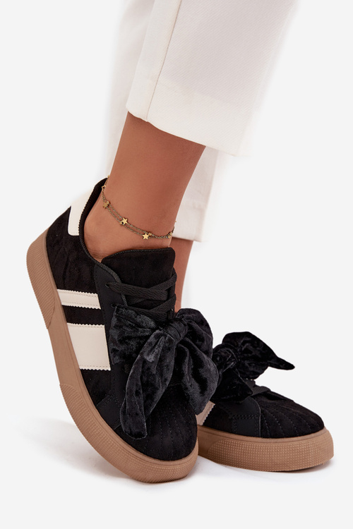 Sneakersy Damskie Z Welurową Kokardą Czarne Ashlyn