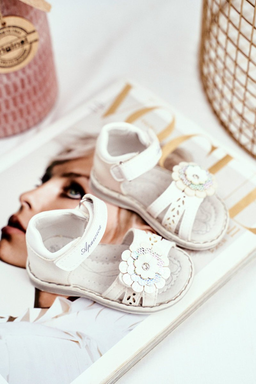 Sandały Dziecięce na Rzepy Kwiatuszek Białe Mino