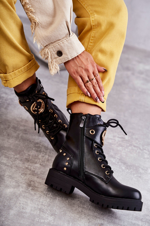 Skórzane Damskie Botki Z Ćwiekami Czarne Leticia