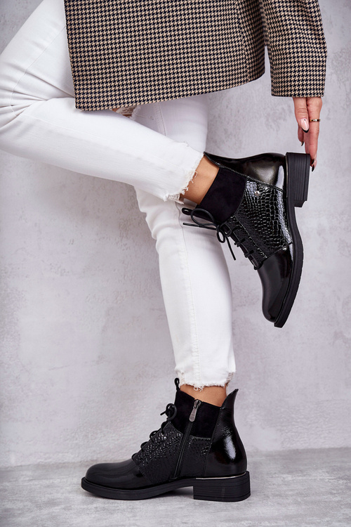 Lakierowane Ocieplane Botki Sznurowane Czarne Cathrine