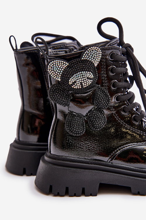 Ocieplane Botki Dziewczęce Z Misiem Na Zamek Lakierowane Czarne Relobia