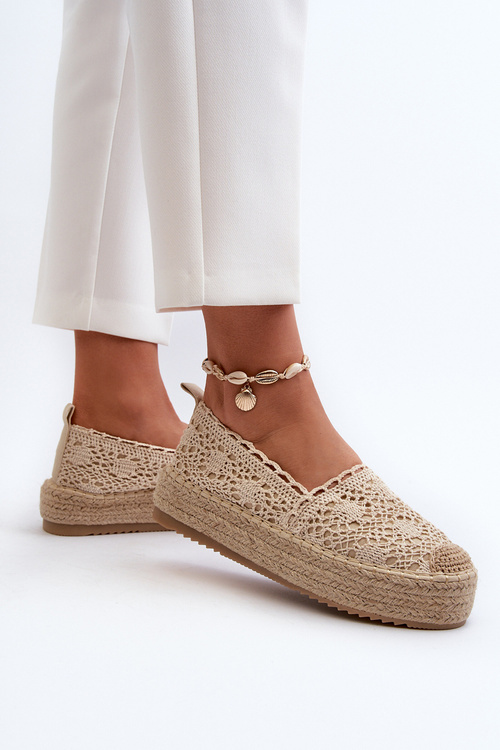Espadryle Damskie Koronkowe Na Platformie Beżowe Elarose