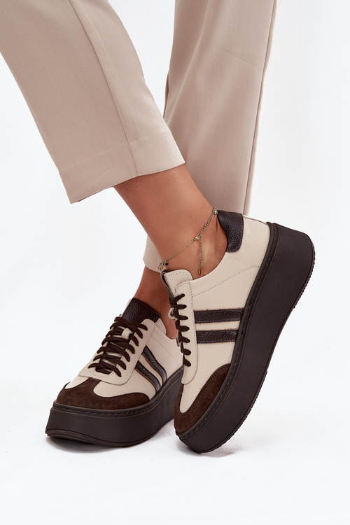 Skórzane Sneakersy Damskie Na Platformie Zazoo 3775 Beżowo-Czekoladowe