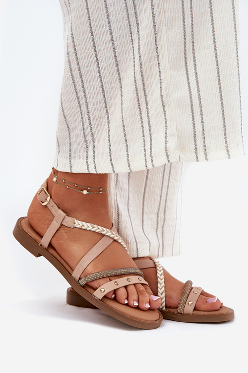 Płaskie Sandały Z Ozdobnymi Paskami Vinceza 17379 Beżowy