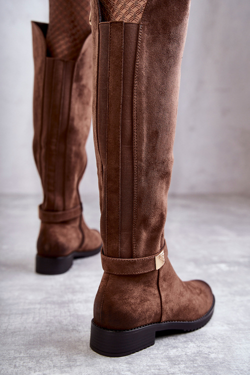 Zamszowe Damskie Kozaki Na Płaskim Obcasie Brązowe Henrike