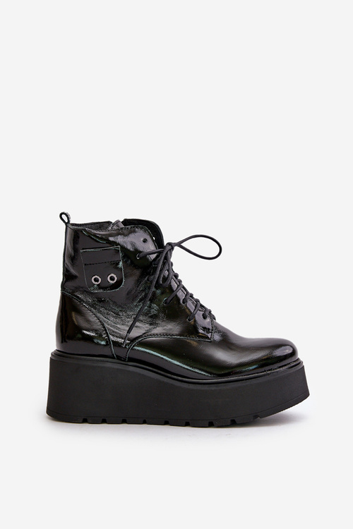 Zazoo 60499 Lakierowane Damskie Botki Na Platformie I Koturnie Ocieplane Skóra Naturalna Ciemnozielone