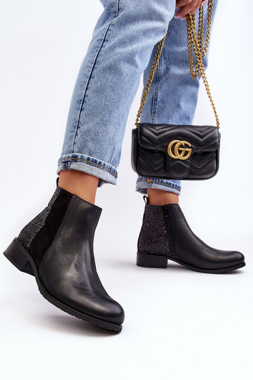 Damskie Sztyblety Botki Na Płaskim Obcasie Z Cekinami Czarne Messio