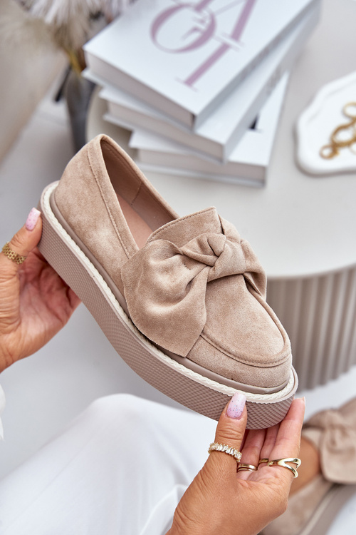 Mokasyny Damskie Na Platformie Z Kokardą Beżowe Naivine