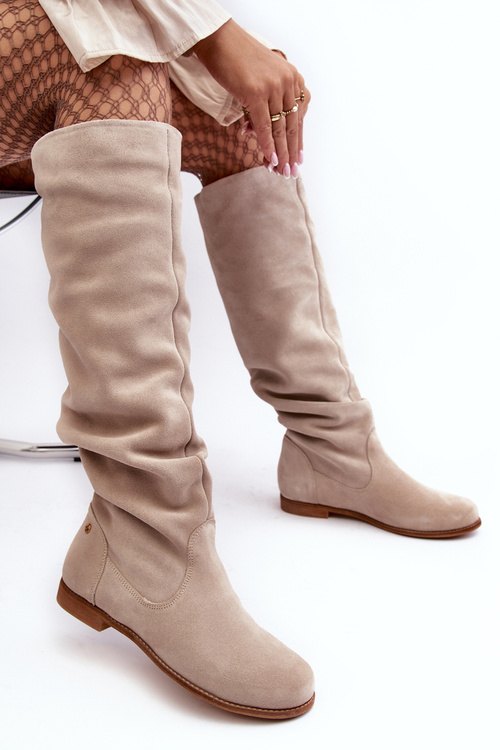 Damskie Zamszowe Kozaki Do Kolan Maciejka 05790-22 Jasnobeżowe