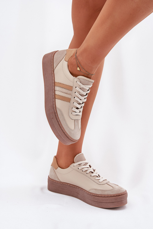 Skórzane Sneakersy Damskie Na Platformie Zazoo N1234 Beżowe