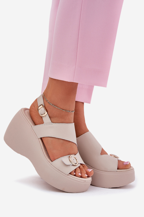 Skórzane Sandały Damskie Na Koturnie I Platformie S.Barski LR51-540 Beżowe