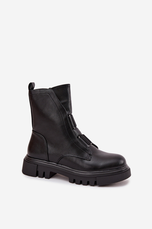 Ocieplane Botki Workery Damskie Na Zamek Eko Skórzane Czarne Mailyra