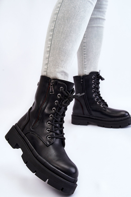 Damskie Skórzane Sznurowane Botki Trapery Czarne Shanna