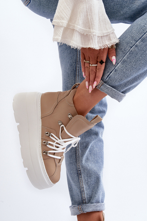 Zazoo 3416 Skórzane Damskie Buty Sportowe Beżowe