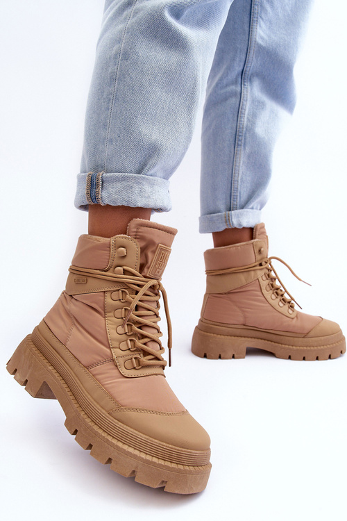 Damskie Trapery Botki Ocieplane Na Platformie I Płaskim Obcasie Big Star MM274340 Beżowe