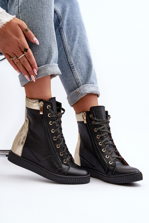 Zazoo 3081 Skórzane Trampki Damskie Na Koturnie Czarne