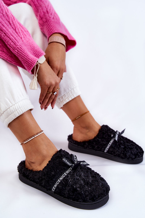 Damskie Futrzane Papcie Z Kokardką Czarne Ryana