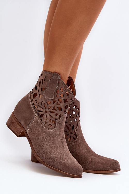 Zazoo 3404 Ażurowe Botki Kowbojki Na Niskim Obcasie Zamszowe Brązowe