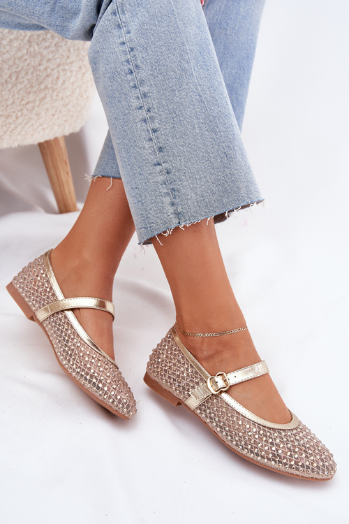 Zdobione Baleriny Damskie Z Paskiem I Klamrą Złote Avirae