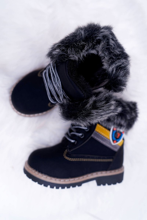 Dziecięce Chłopięce Botki Ocieplane Futerkiem Trapery Czarne Cobi
