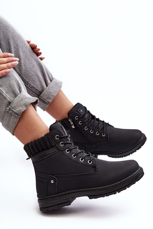 Damskie Skórzane Trapery Ocieplane Czarne Katalis