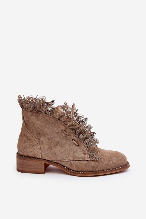 Zamszowe Botki Damskie Na Płaskim Obcasie Beżowe Klemovia