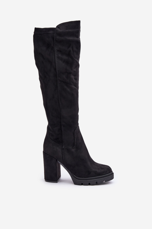 Ocieplane Kozaki Damskie Na Słupku Eko Zamszowe Czarne Tirisha