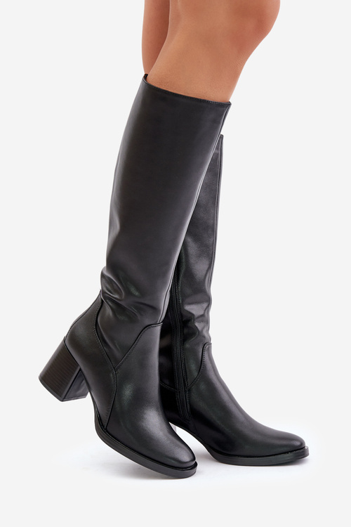 Skórzane Kozaki Na Słupku Przed Kolano Ocieplane Sergio Leone KZ231-S Czarne