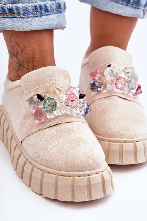 Modne Wsuwane Buty Sportowe Półbuty Z Ozdobą Beżowe Desire