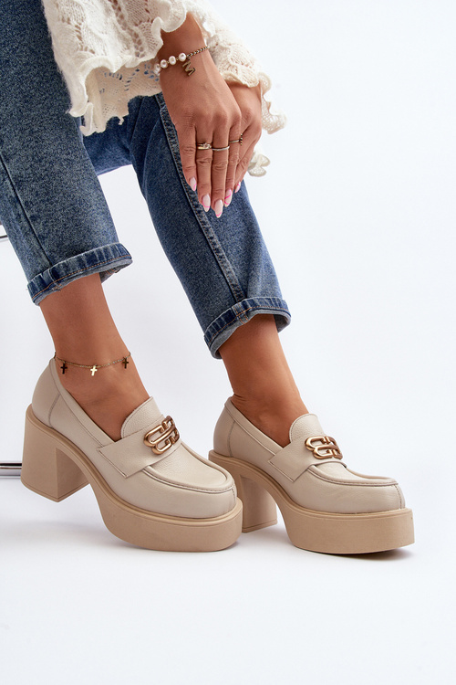 Zazoo 20170 Półbuty Skórzane Damskie Na Słupku Jasnobeżowe