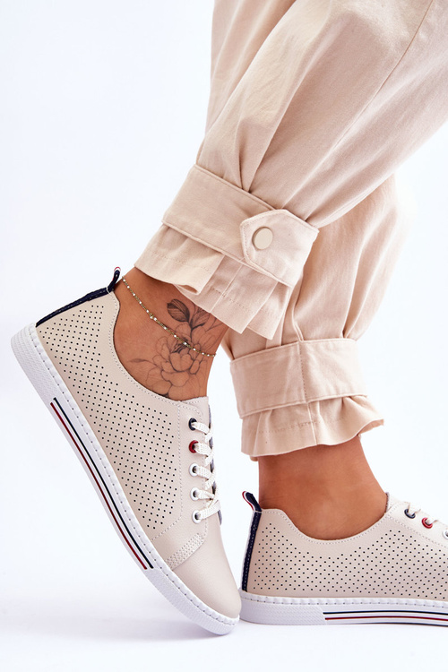 Damskie Ażurowe Skórzane Trampki Beżowe S.Barski LR952