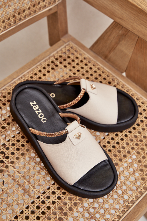 Zazoo 2896 Klapki Damskie Skórzane Beżowe