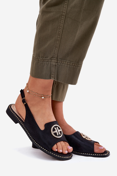 Sandały Damskie Na Płaskim Obcasie Z Ozdobą S.Barski KV51-002 Czarne